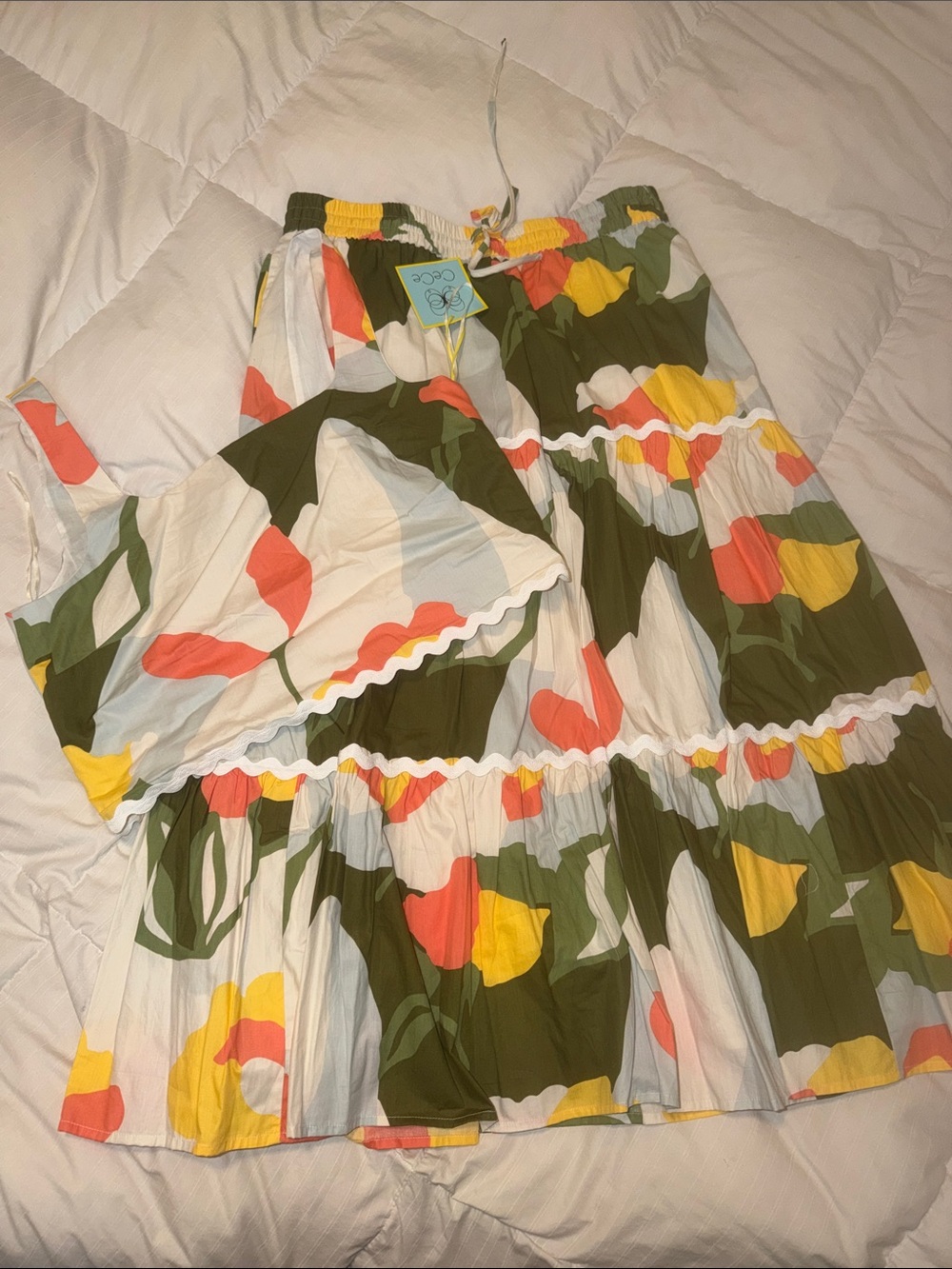 Boho Floral Tiered Maxi Skirt - Olive, Yellow & Coral